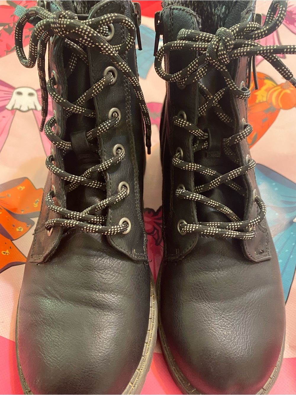 Jellypop 7.5 Black Lace-Up Ankle Combat Boots with Reflective-Dotted Laces